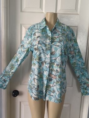 Prologue Blue Green Printed Button-Front Blouse Pit To Pit 22 Inch